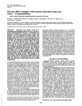 Glycine Trna Mutants with Normal Anticodon Loop Size Cause -1 Frameshifting (Protein Synthesis/Translocation/Frameshift Suppressor/Acceptor Stem/TFC Loop) DANIEL J