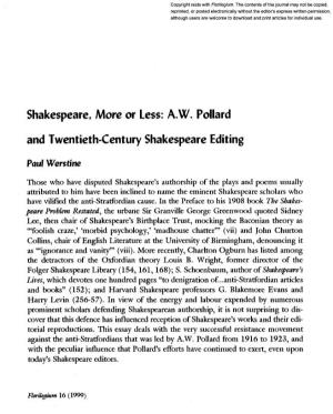 AW. Pollard and Twentieth-Century Shakespeare Editing