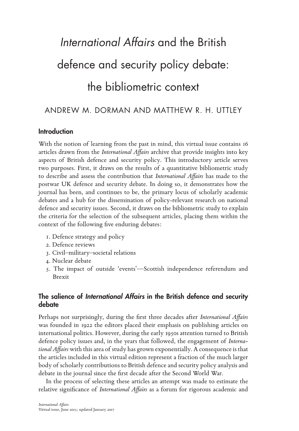 International Affairs and the British Defence and Security Policy Debate: the Bibliometric Context