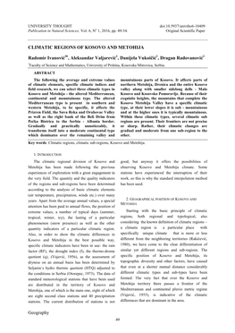CLIMATIC REGIONS of KOSOVO and METOHIJA Radomir Ivanović