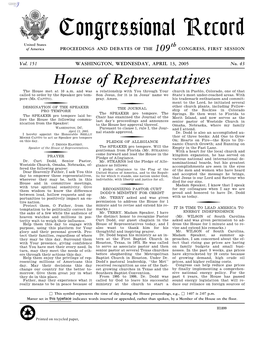 Congressional Record United States Th of America PROCEEDINGS and DEBATES of the 109 CONGRESS, FIRST SESSION