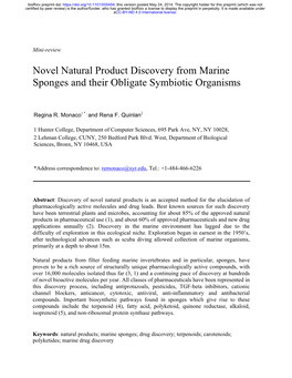 Novel Natural Product Discovery from Marine Sponges and Their Obligate Symbiotic Organisms