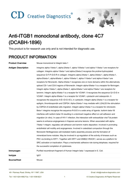 Anti-ITGB1 Monoclonal Antibody, Clone 4C7 (DCABH-1896) This Product Is for Research Use Only and Is Not Intended for Diagnostic Use