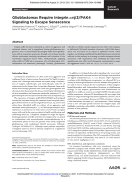 Glioblastomas Require Integrin Avb3/PAK4 Signaling to Escape Senescence Aleksandra Franovic1,2, Kathryn C