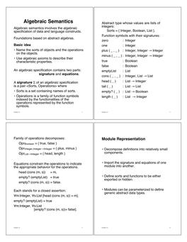 Algebraic Semantics Abstract Type Whose Values Are Lists of Algebraic Semantics Involves the Algebraic Integers: Specification of Data and Language Constructs