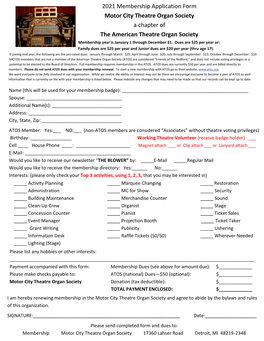 2021 Membership Application Form Motor City Theatre Organ Society a Chapter of the American Theatre Organ Society Membership Year Is January 1 Through December 31