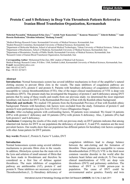 Protein C and S Deficiency in Deep Vein Thrombosis Patients Referred to Iranian Blood Transfusion Organization, Kermanshah