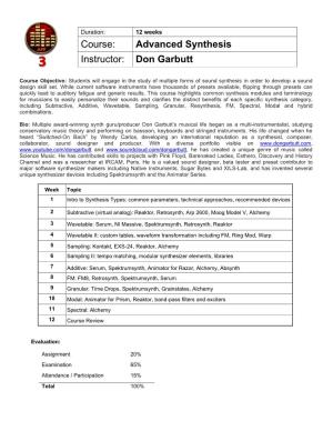Course: Advanced Synthesis Instructor: Don Garbutt