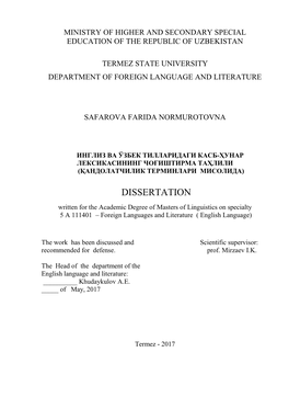 DISSERTATION Written for the Academic Degree of Masters of Linguistics on Specialty 5 a 111401 – Foreign Languages and Literature ( English Language)