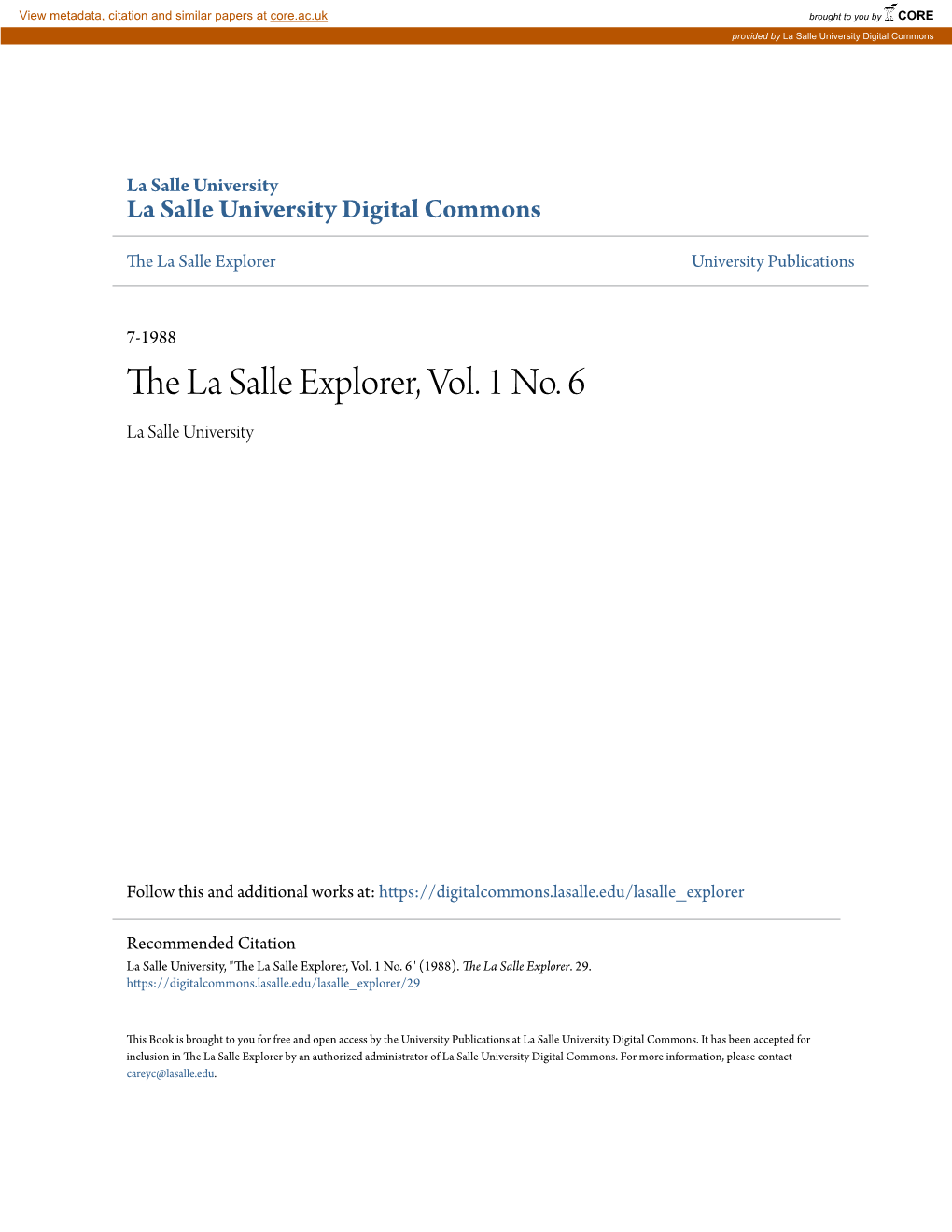 The La Salle Explorer, Vol. 1 No. 6 La Salle University