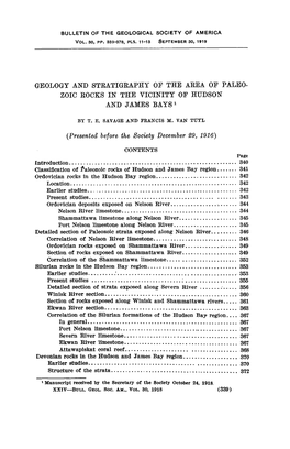 GEOLOGY and STRATIGRAPHY of the AREA OP PALEO ZOIC ROCKS in the VICINITY of HUDSON and JAMES BAYS 1 (Presented Before the Soci