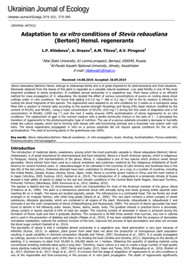 Adaptation to Ex Vitro Conditions of Stevia Rebaudiana (Bertoni) Hemsl