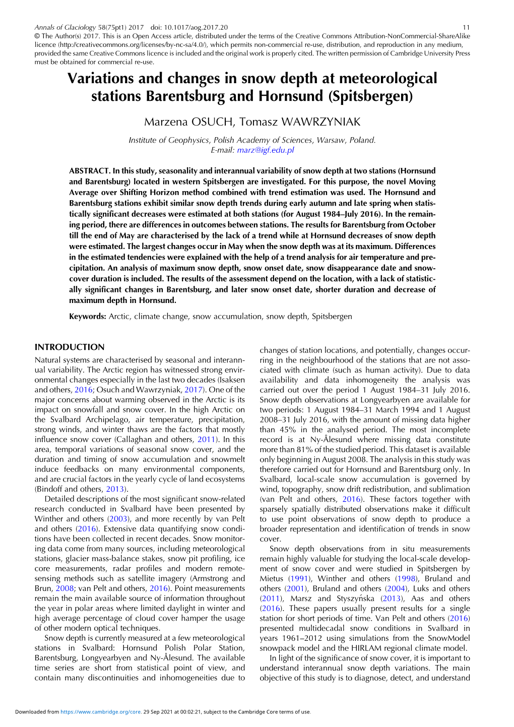 Variations and Changes in Snow Depth at Meteorological Stations Barentsburg and Hornsund (Spitsbergen)