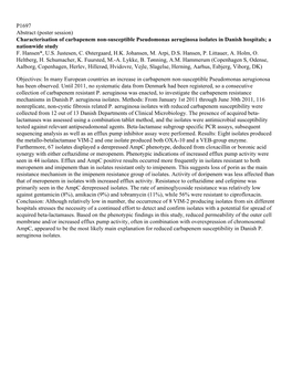 P1697 Abstract (Poster Session) Characterisation of Carbapenem Non-Susceptible Pseudomonas Aeruginosa Isolates in Danish Hospitals; a Nationwide Study F