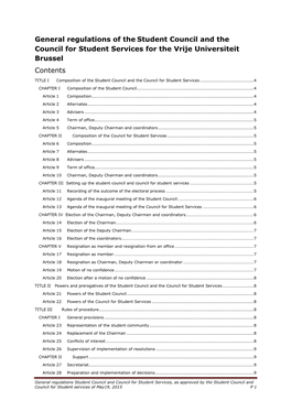 General Regulations of the Student Council and the Council for Student Services for the Vrije Universiteit Brussel Contents