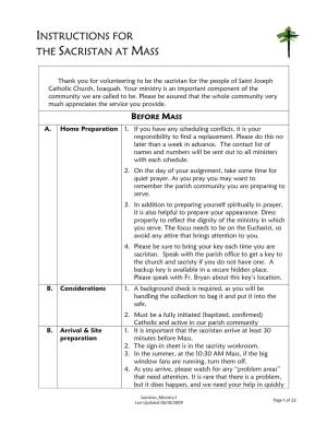 Instructions for the Sacristan at Mass