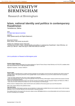 Islam, National Identity and Politics in Contemporary Kazakhstan Yemelianova, Galina