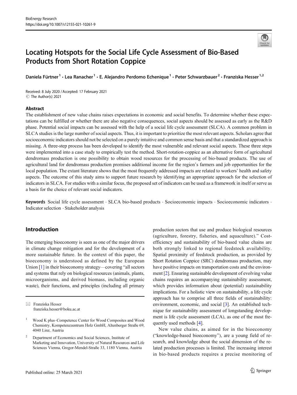 Locating Hotspots for the Social Life Cycle Assessment of Bio-Based Products from Short Rotation Coppice