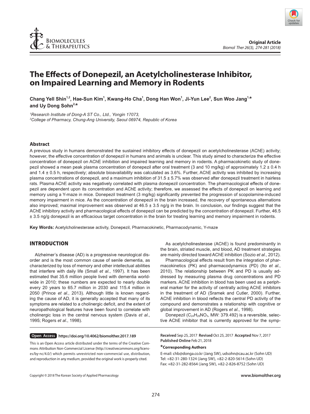 The Effects of Donepezil, an Acetylcholinesterase Inhibitor, on Impaired Learning and Memory in Rodents