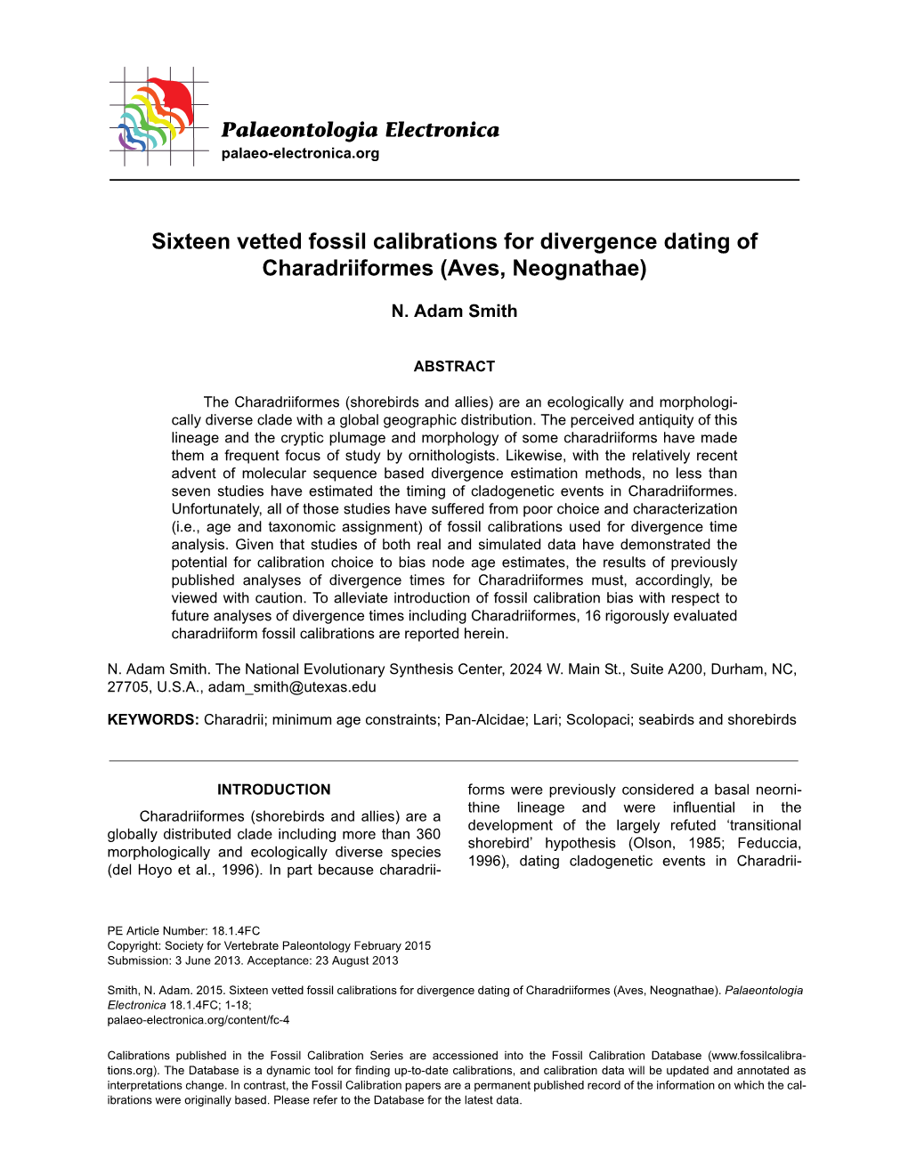 Sixteen Vetted Fossil Calibrations for Divergence Dating of Charadriiformes (Aves, Neognathae)