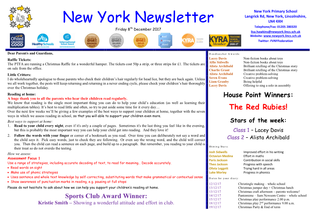 New York Newsletter Th Telephone/Fax: 01205 280320 Friday 8 December 2017 Lisa.Hawkins@Newyork.Lincs.Sch.Uk Website