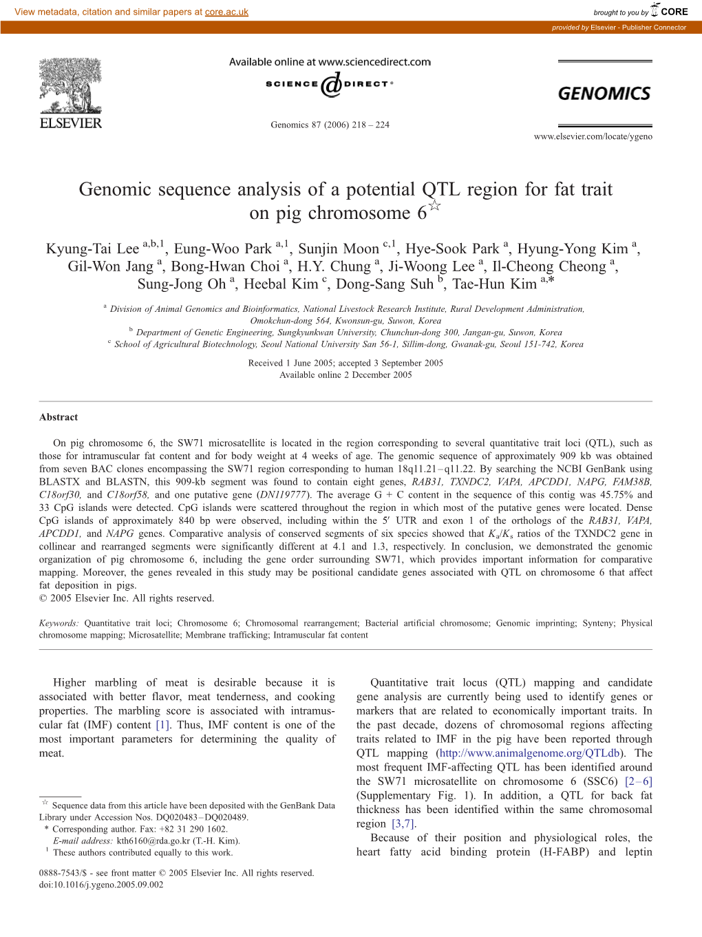 Genomic Sequence Analysis of a Potential QTL Region for Fat Trait on Pig Chromosome 6I