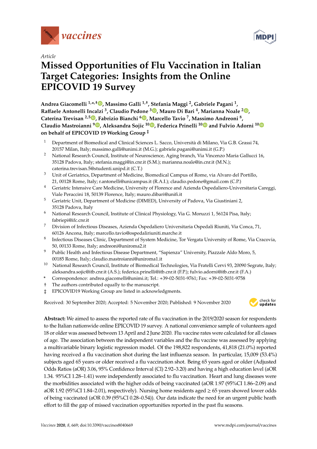 Missed Opportunities of Flu Vaccination in Italian Target Categories: Insights from the Online EPICOVID 19 Survey