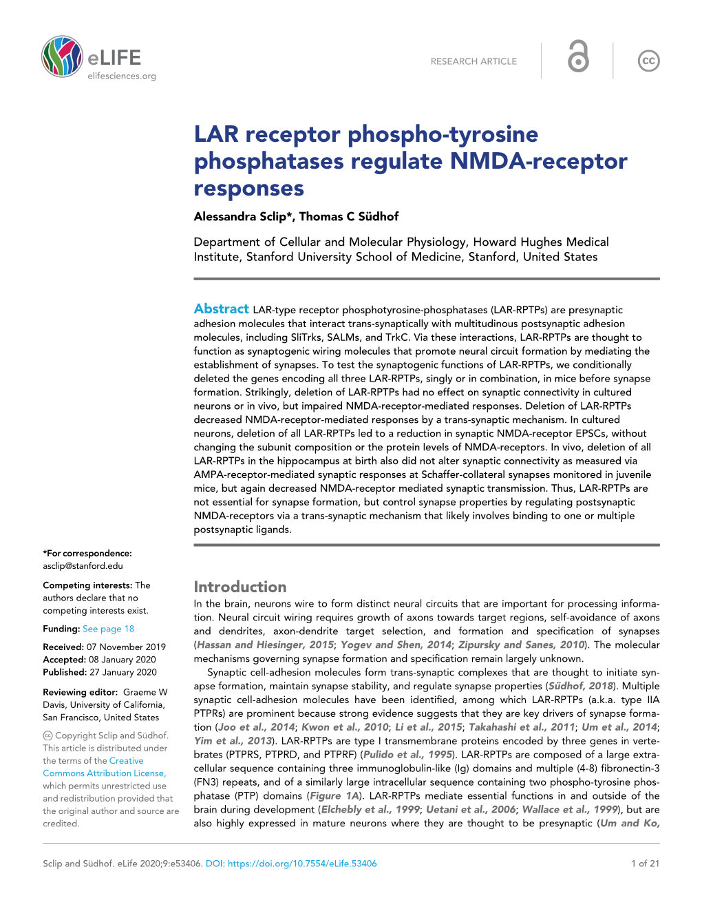 LAR Receptor Phospho-Tyrosine Phosphatases Regulate NMDA-Receptor Responses Alessandra Sclip*, Thomas C Su¨ Dhof