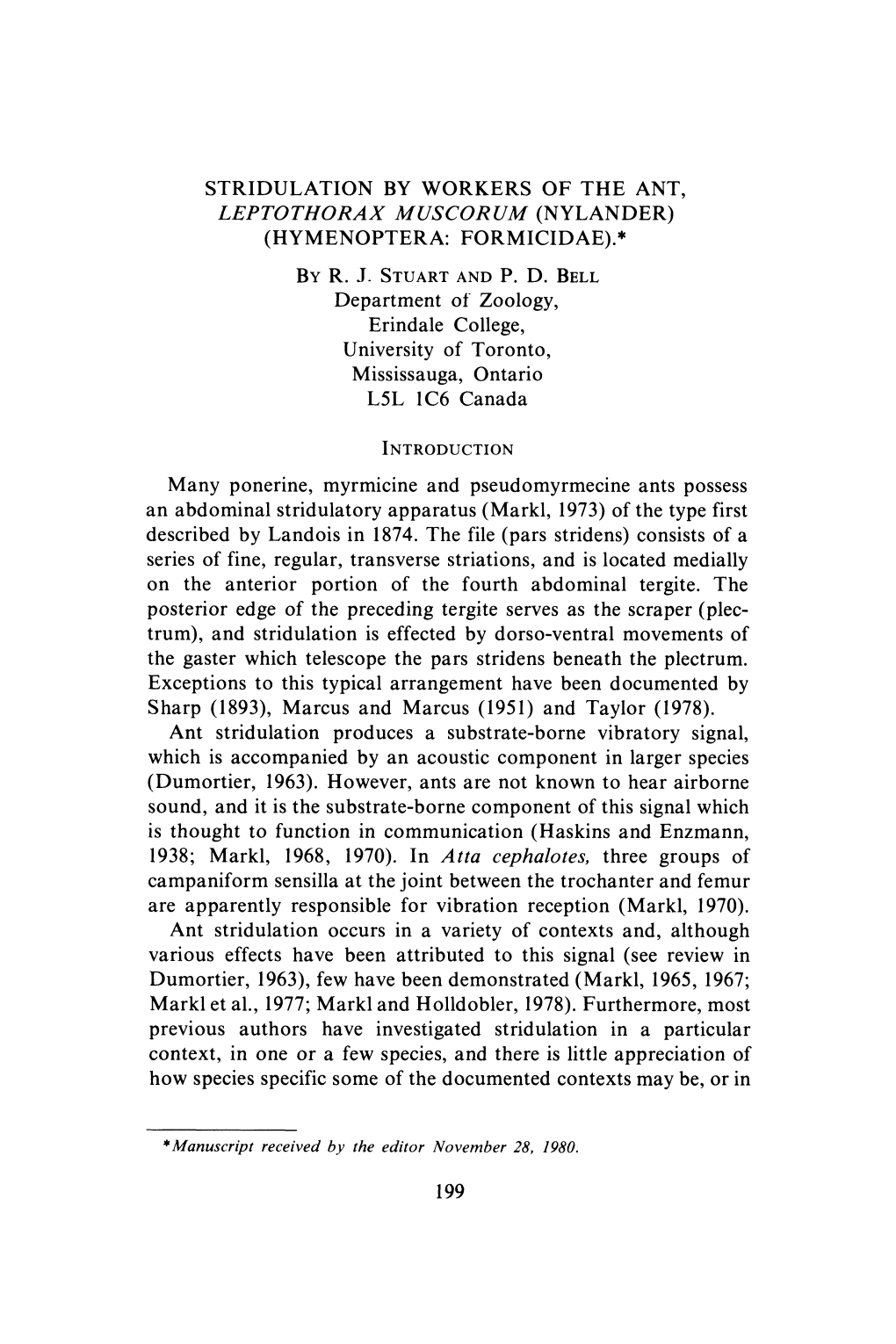 Leptothorax Muscorum (Nylander) Is a Small (Length 2.1-3.8 Mm), Common, Circumboreal Myrmicine Ant (Brown, 1955; Ber Nard, 1968)