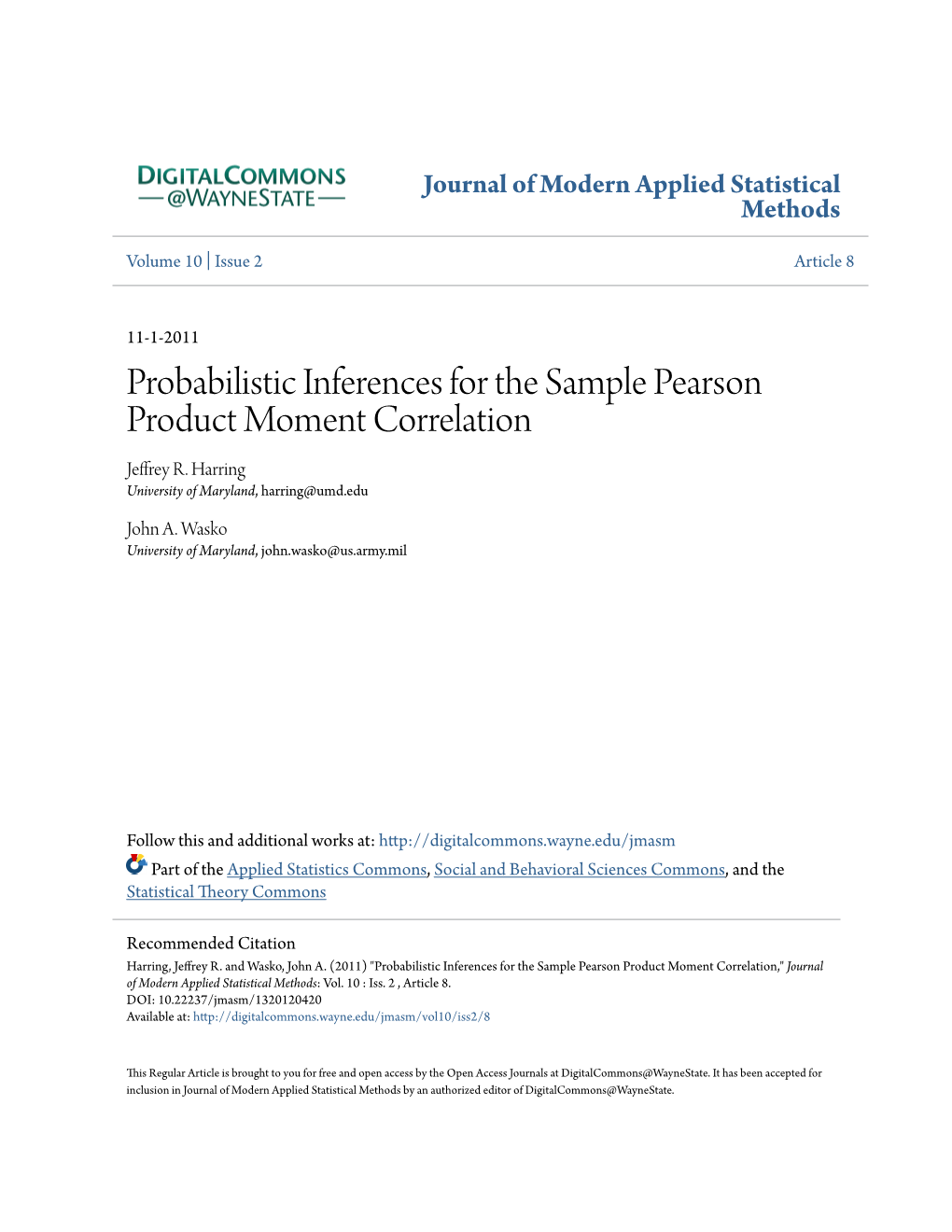 Probabilistic Inferences for the Sample Pearson Product Moment Correlation Jeffrey R