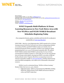 WNET Expands Multi-Platform at Home Learning Resources to New York Metro Area with New WLIW21 and WLIW WORLD Broadcast Schedules Beginning Today