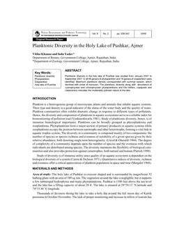 Planktonic Diversity in the Holy Lake of Pushkar, Ajmer