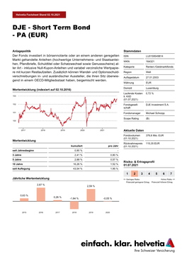 DJE -Shorttermbond 100 101 102 103 Helvetia Factsheetstand02.10.2021 0,63 % 2017 2015 2,87 % 2016 2018