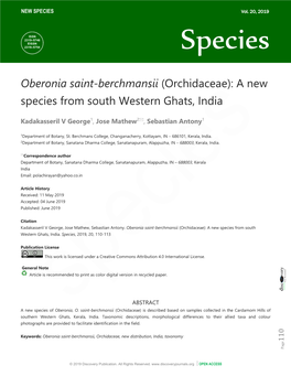Oberonia Saint-Berchmansii (Orchidaceae): a New Species from South Western Ghats, India