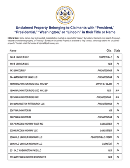 Unclaimed Property Belonging to Claimants with “President,” “Presidential,” “Washington,” Or “Lincoln” in Their Title Or Name