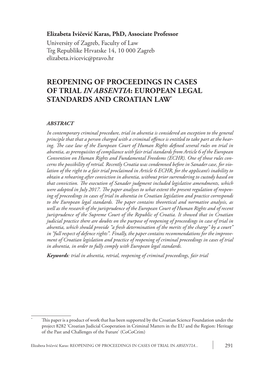 Reopening of Proceedings in Cases of Trial in Absentia: European Legal Standards and Croatian Law*