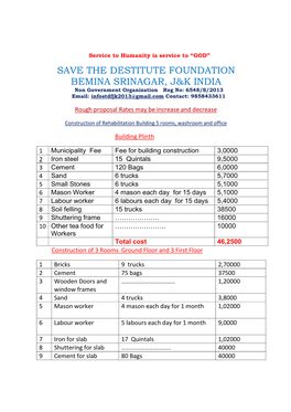 SAVE the DESTITUTE FOUNDATION BEMINA SRINAGAR, J&K INDIA Non Government Organization Reg No: 6548/S/2013 Email: Infostdfjk2013@Gmail.Com Contact: 9858433611