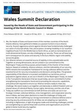 Wales Summit Declaration Issued by the Heads of State and Government Participating in the Meeting of the North Atla…
