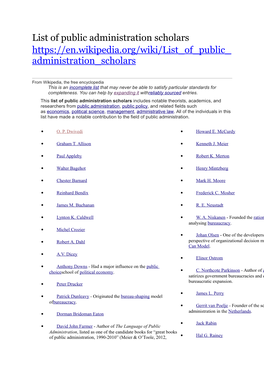 List of Public Administration Scholars Administration Scholars