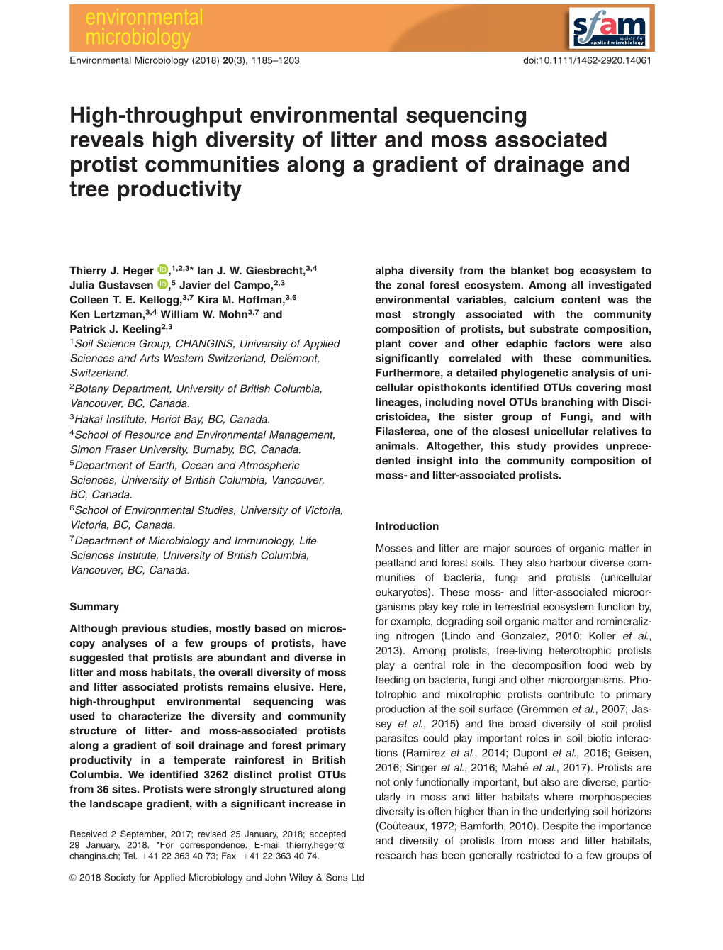 Throughput Environmental Sequencing Reveals High Diversity of Litter and Moss Associated Protist Communities Along a Gradient of Drainage and Tree Productivity