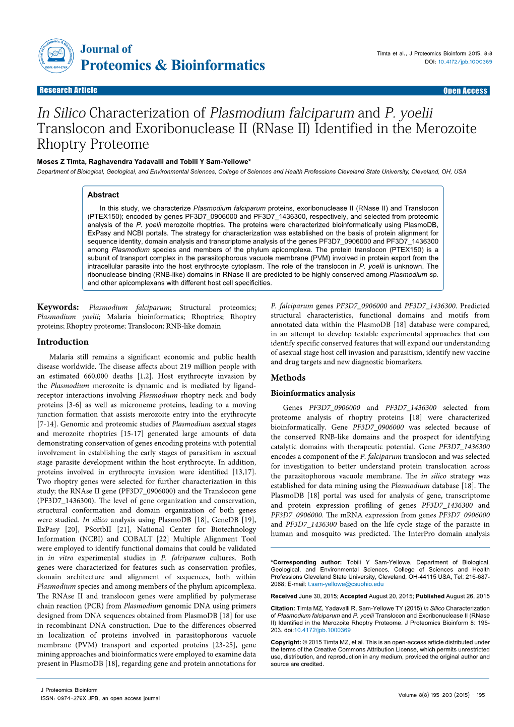 In Silico Characterization of Plasmodium Falciparum and P