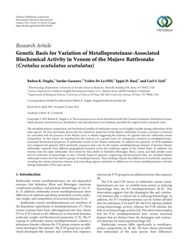 Genetic Basis for Variation of Metalloproteinase-Associated Biochemical Activity in Venom of the Mojave Rattlesnake (Crotalus Scutulatus Scutulatus)
