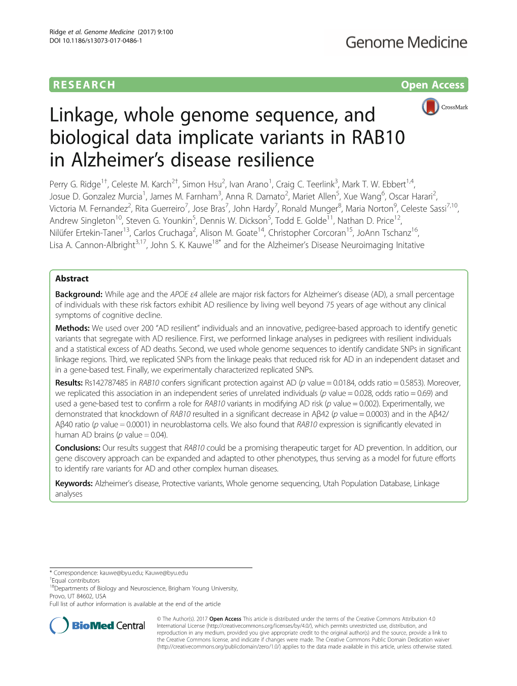Linkage, Whole Genome Sequence, and Biological Data Implicate Variants in RAB10 in Alzheimer’S Disease Resilience Perry G