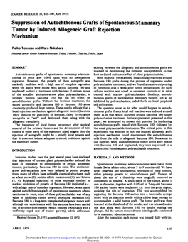 Suppression Ofautochthonous Grafts Ofspontaneous Mammary Tumor by Induced Allogeneic Graft Rejection Mechanism