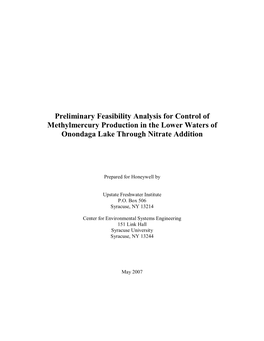 Preliminary Feasibility Analysis for Control of Methylmercury Production in the Lower Waters of Onondaga Lake Through Nitrate Addition
