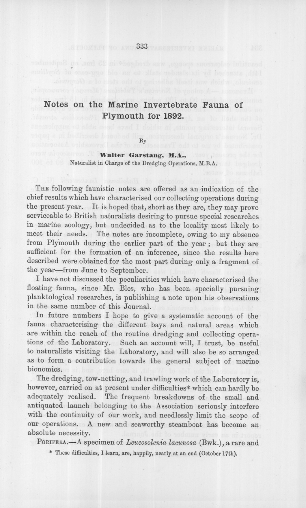 Notes on the Marine Invertebrate Fauna of Plymouth for 1892