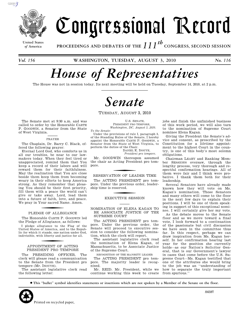 Congressional Record United States Th of America PROCEEDINGS and DEBATES of the 111 CONGRESS, SECOND SESSION