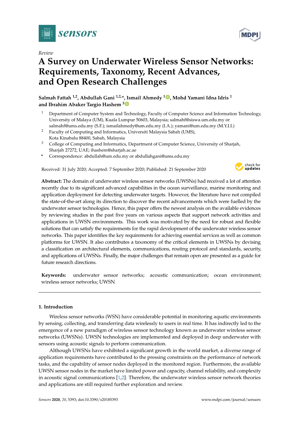 A Survey on Underwater Wireless Sensor Networks: Requirements, Taxonomy, Recent Advances, and Open Research Challenges