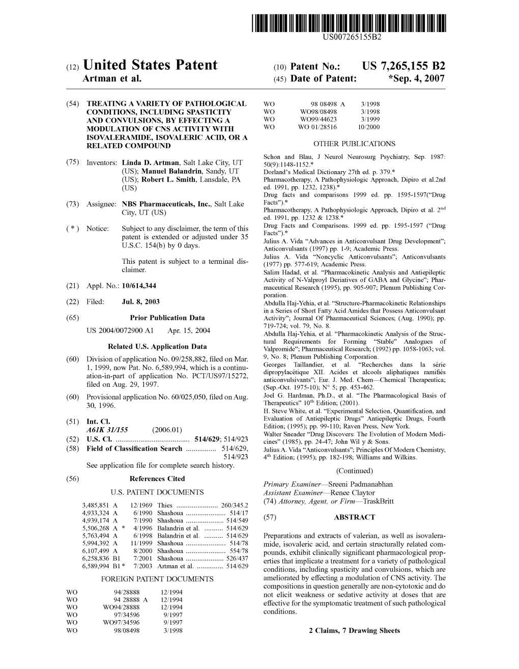 (12) United States Patent (10) Patent N0.: US 7,265,155 B2 Artman Et A1