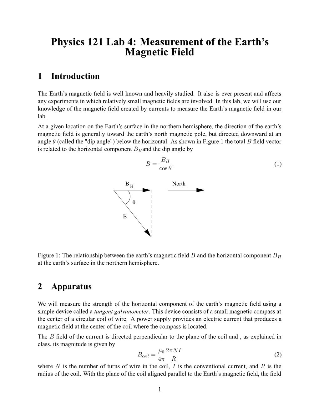 Physics 121 Lab 4: Measurement of the Earth's Magnetic Field